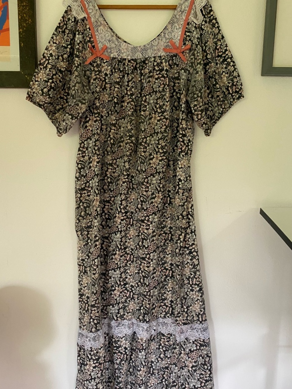 Vintage Janem Hawaii Black Floral Lace-Trim Maxi Mumu Dress with Pink Accent